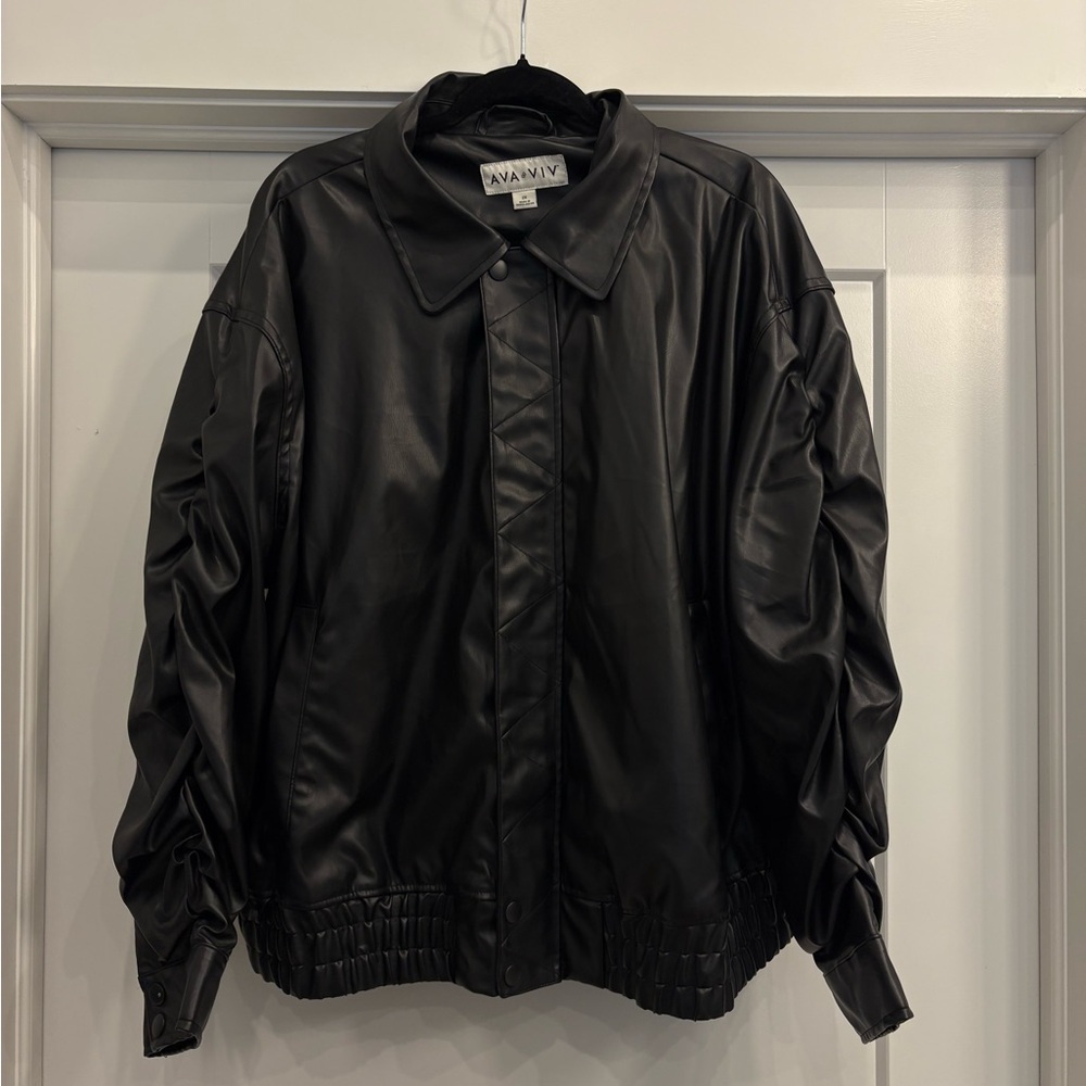 Ava & Viv Black Leather Bomber Jacket with Ribbed Details
